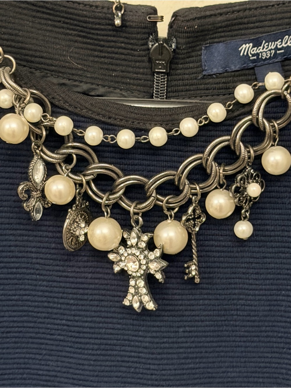 New York & Co Pearl and Charm Gunmetal Statement Necklace